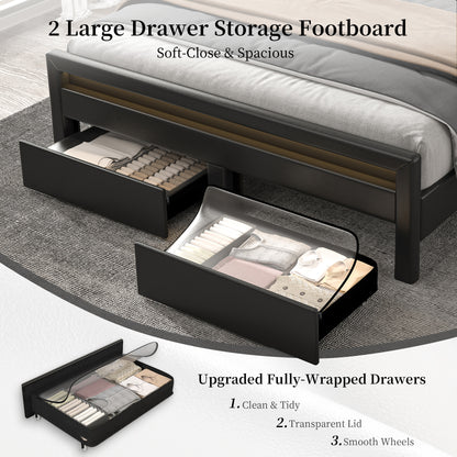 SIBEDS Queen Upholstered Bed Frame with LED Bookcase Headboard, Storage Drawers, USB Charging Ports, and Tufted Wingback Design, White/Black/Cream/Gray