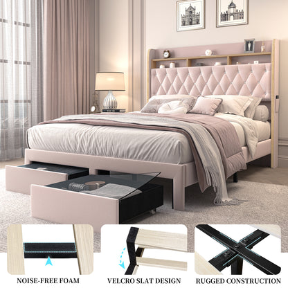 SIBEDS Aurora  LED Bed Frame – Velvet Upholstered with Star Projector, Bluetooth Speakers & Storage Drawers