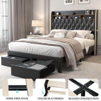 Queen LED Bed Frame with Storage Drawers, Velvet Upholstered Platform Beds with Galaxy Star Projector Charging Station Speaker, Aurora Bedframe with 2-Tier Storage Headboard, Noise-Free, Black