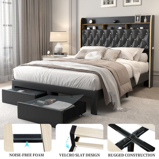 Queen LED Bed Frame with Storage Drawers, Velvet Upholstered Platform Beds with Galaxy Star Projector Charging Station Speaker, Aurora Bedframe with 2-Tier Storage Headboard, Noise-Free, Black